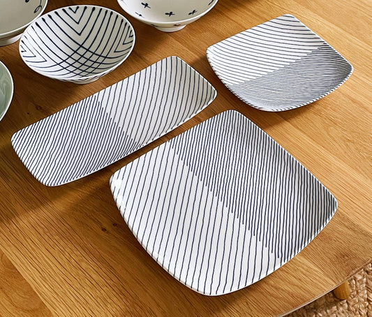 Hakusan Porcelain Square Plate with Overlapping Stripes