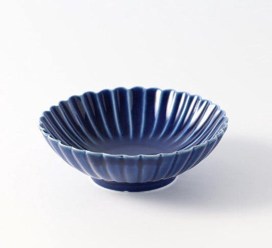 Koringama Chrysanthemum Carved Bowl with Deep Blue Glaze