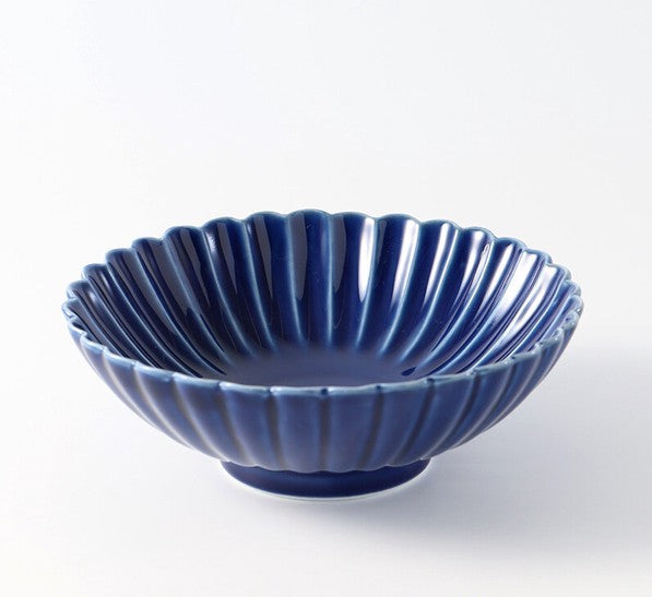 Koringama Chrysanthemum Carved Bowl with Deep Blue Glaze