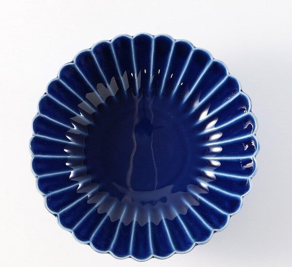 Koringama Chrysanthemum Carved Bowl with Deep Blue Glaze