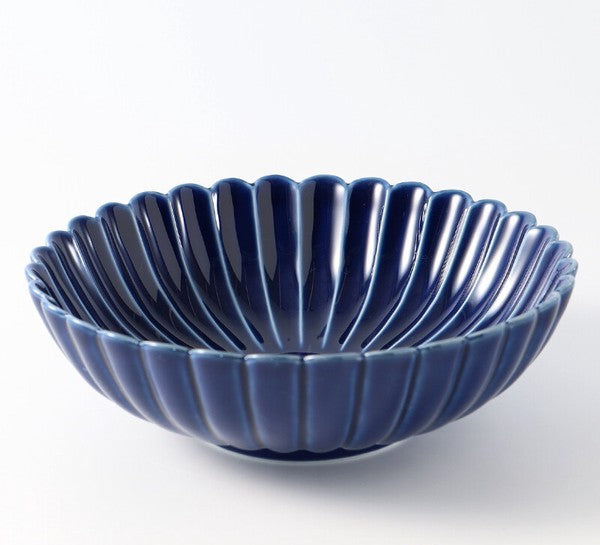 Koringama Chrysanthemum Carved Bowl with Deep Blue Glaze