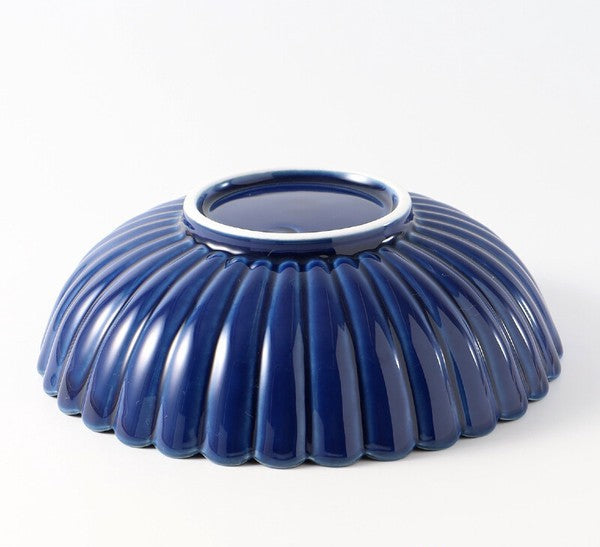 Koringama Chrysanthemum Carved Bowl with Deep Blue Glaze