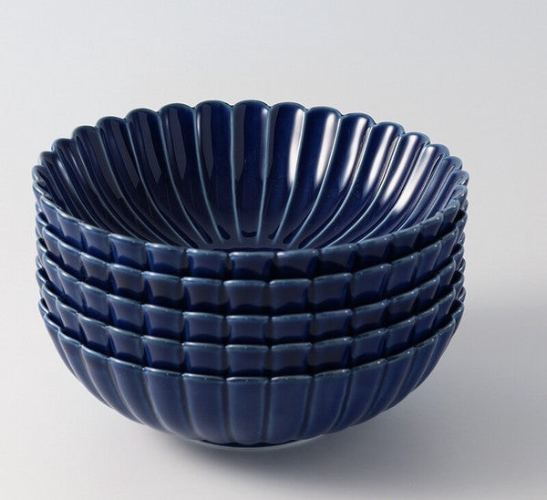 Koringama Chrysanthemum Carved Bowl with Deep Blue Glaze