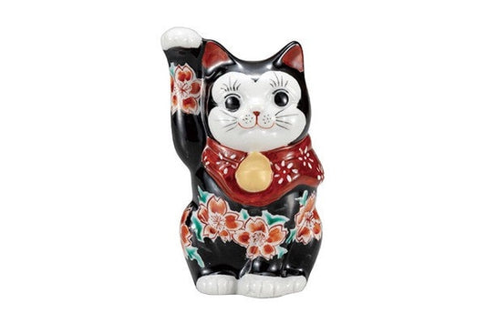Kutani Ware Lucky Cat - Maneki Neko (black sakura pattern)